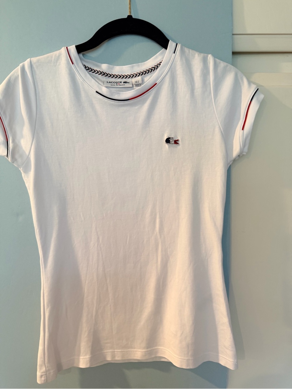 Lacoste White Short Sleeve Tee with Red & Navy Trim